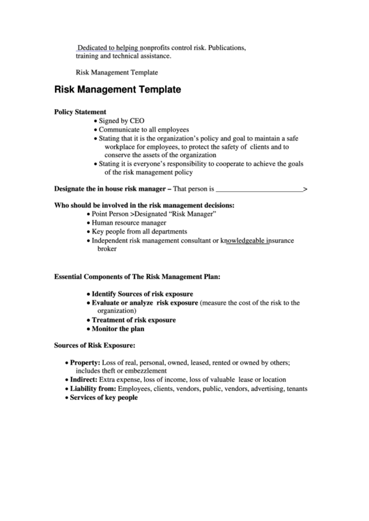 Risk Management Template Printable pdf