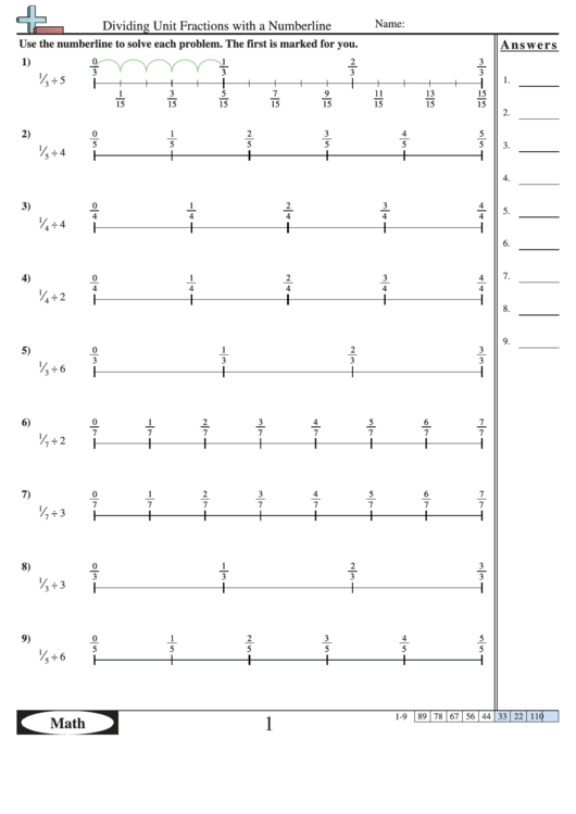 Dividing Unit Fractions With A Numberline Worksheet With Answer Key Printable pdf