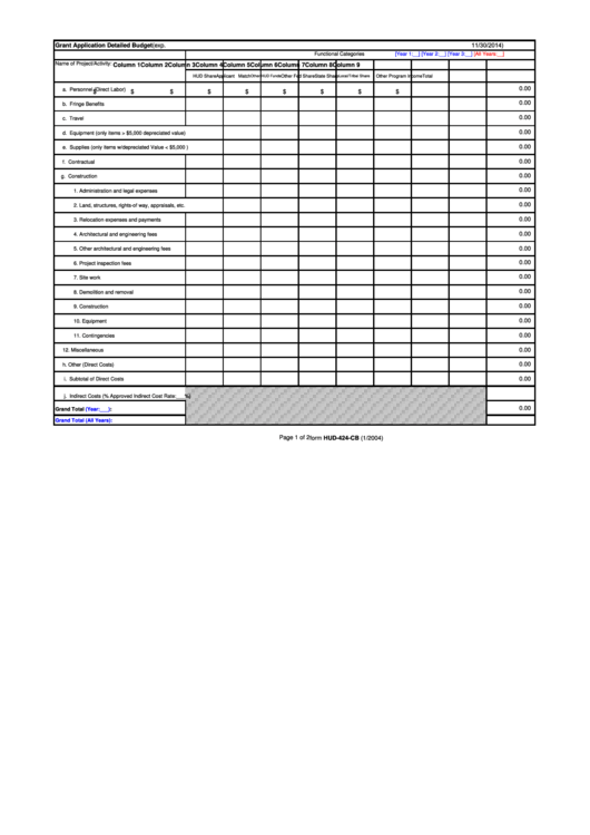 Fillable Form Hud-424-Cb - Grant Application Detailed Budget - 2004 Printable pdf