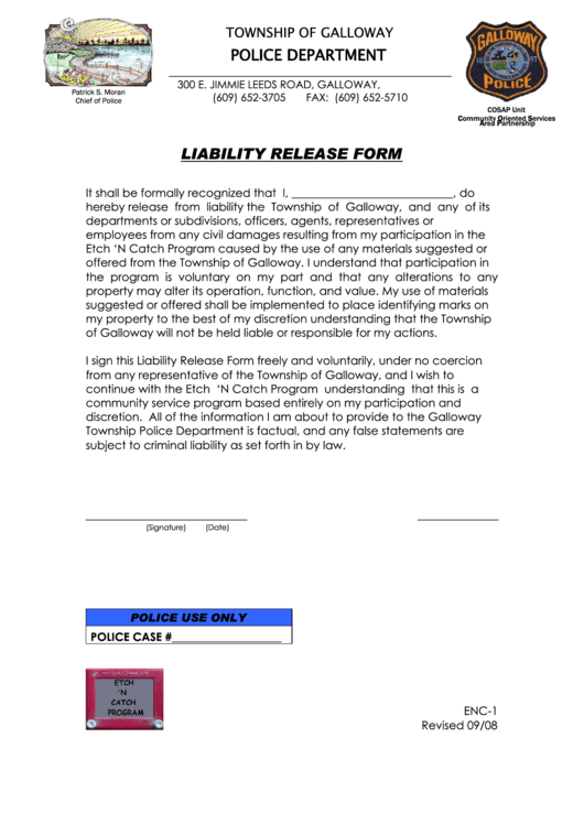 Liability Release Form Police Department Printable pdf