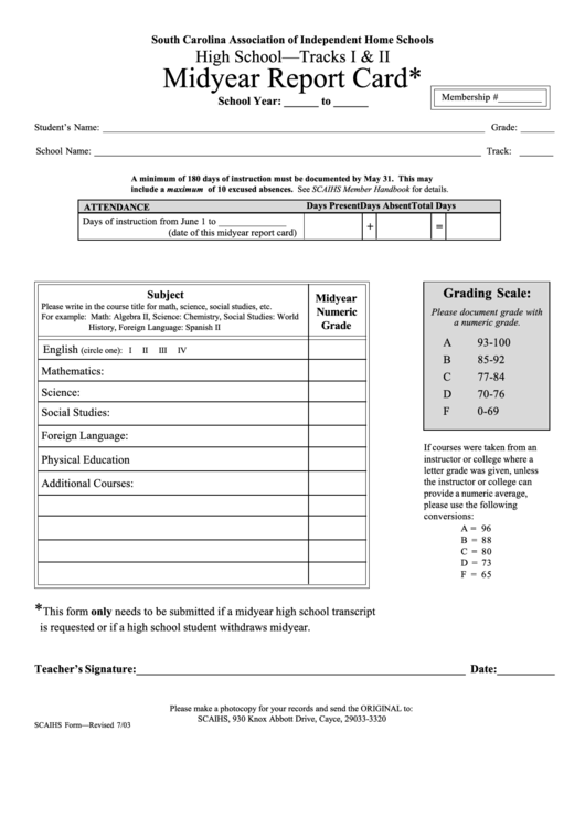 Fillable High School Midyear Report Card Template - South Carolina Association Of Independent Home Schools Printable pdf