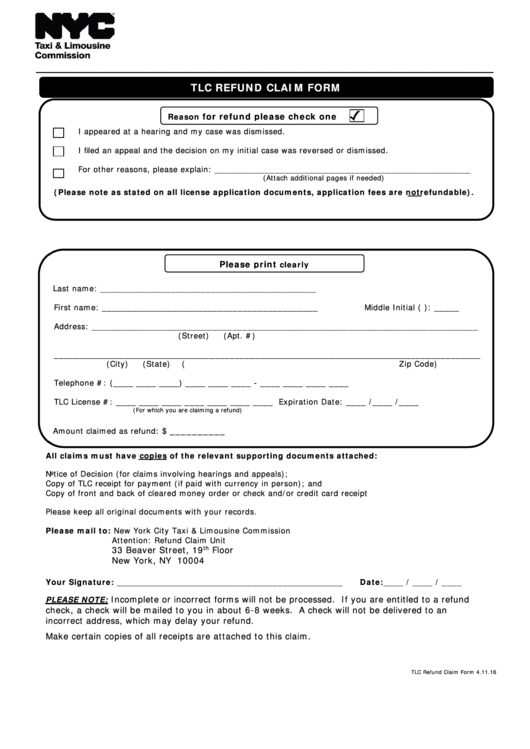 Fillable Tlc Refund Claim Form Printable pdf