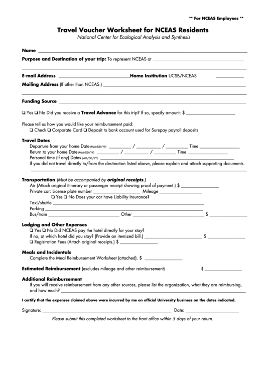 Travel Voucher Worksheet Printable pdf