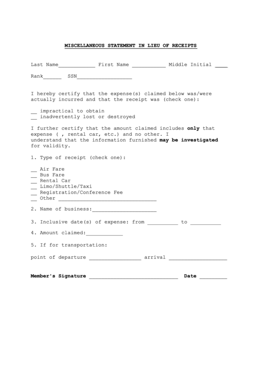 Miscellaneous Statement In Lieu Of Receipts Printable pdf