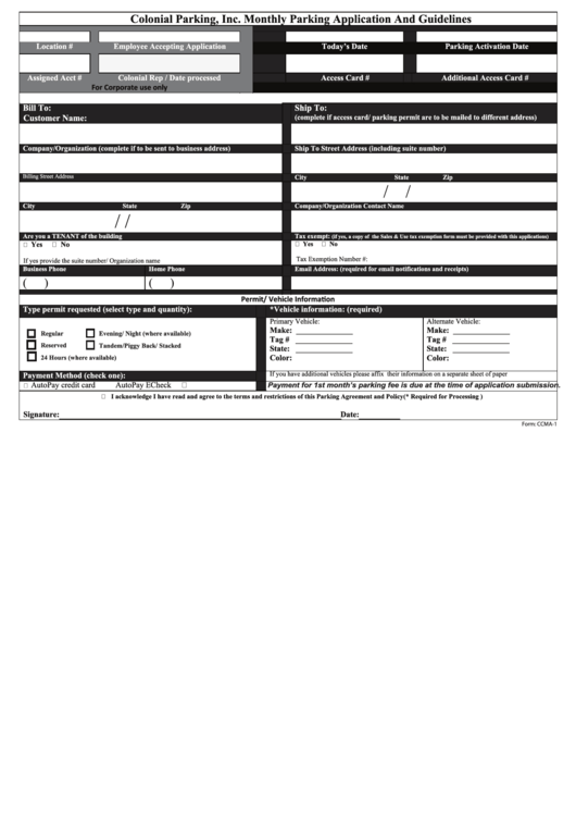 Monthly Parking Application Form Printable pdf