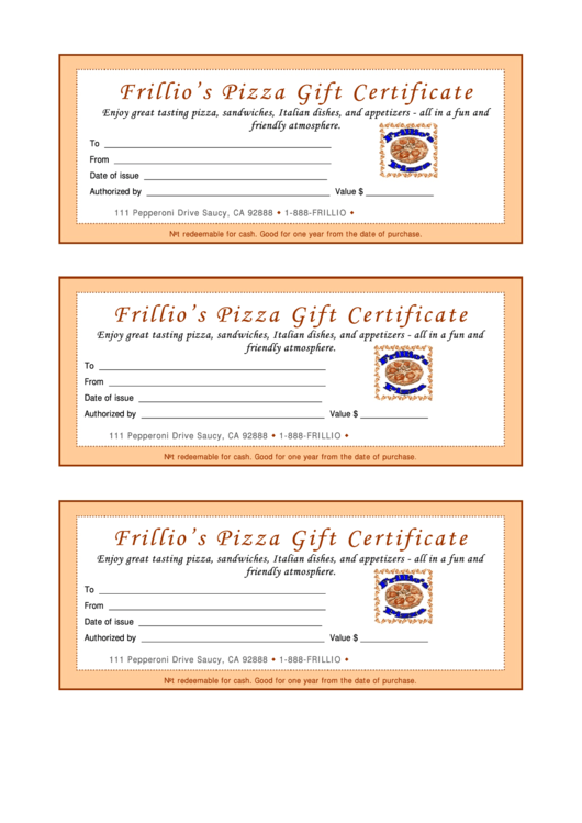 Frillios Pizza Gift Certificate Printable pdf