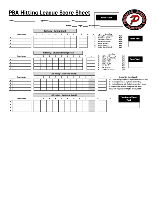 Pba Hitting League Score Sheet - Hometeamsonline Printable pdf