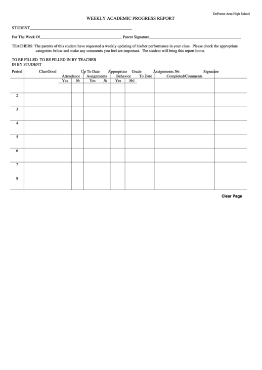 Fillable Weekly Academic Progress Report Printable pdf