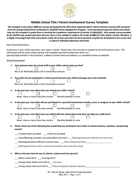 Middle School Title I Parent Involvement Survey Template