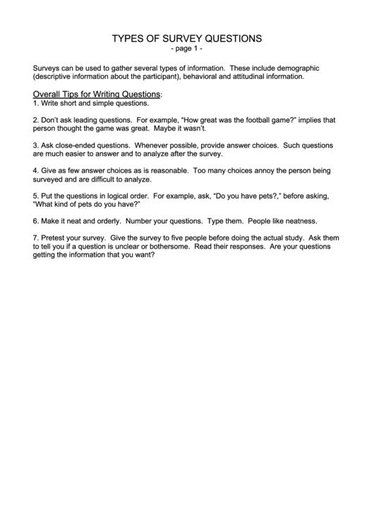 Survey Questions Writing Tips Printable pdf