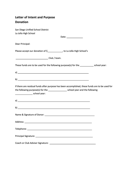 Donation Letter Template - San Diego Unified School District Printable pdf