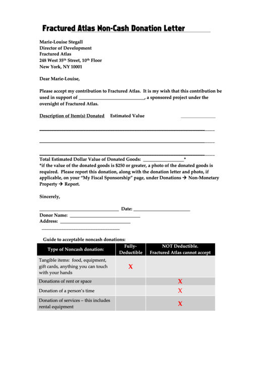 Fractured Atlas Non Cash Donation Letter Printable pdf