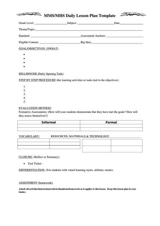 Mms Mhs Daily Lesson Plan Template Printable pdf