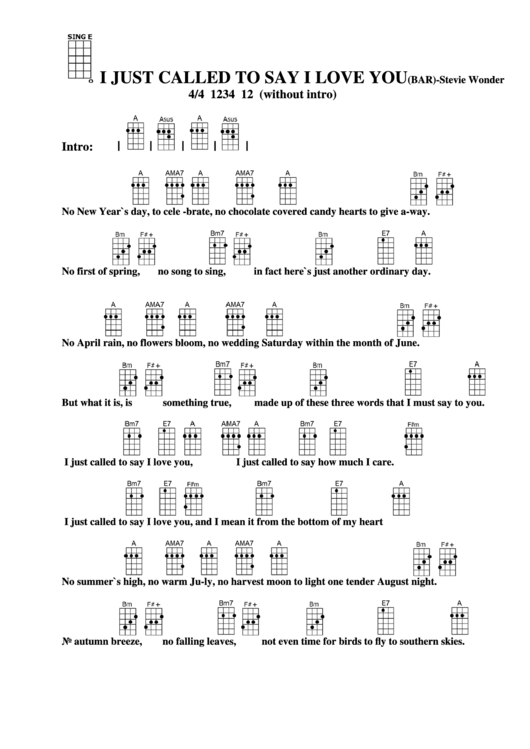 I Just Called To Say I Love You (Bar) - Stevie Wonder Chord Chart Printable pdf