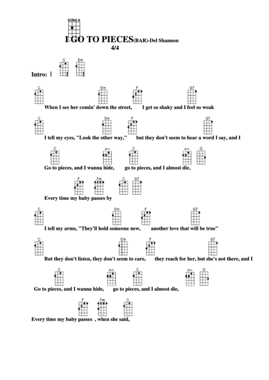 I Go To Pieces (Bar) - Del Shannon Chord Chart Printable pdf