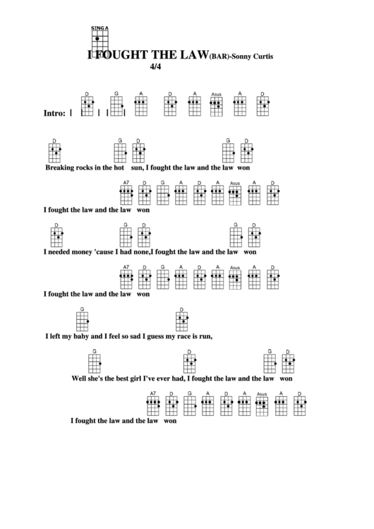 I Fought The Law (Bar) - Sonny Curtis Chord Chart Printable pdf