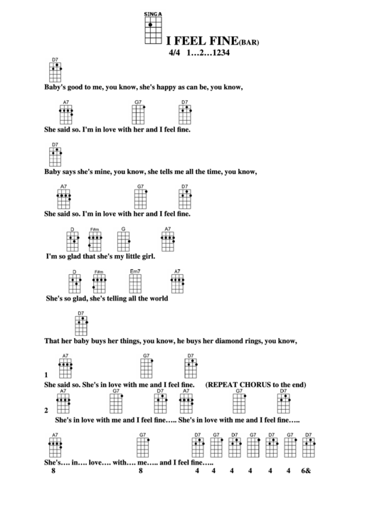 I Feel Fine(Bar) Chord Chart Printable pdf