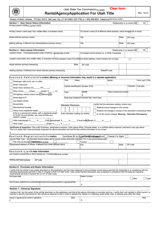 Fillable Form Tc-656 - Vehicle Application For Utah Title - Utah State Tax Commission Printable pdf