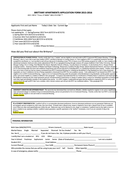Brittany Apartments Application Form 2015-2016