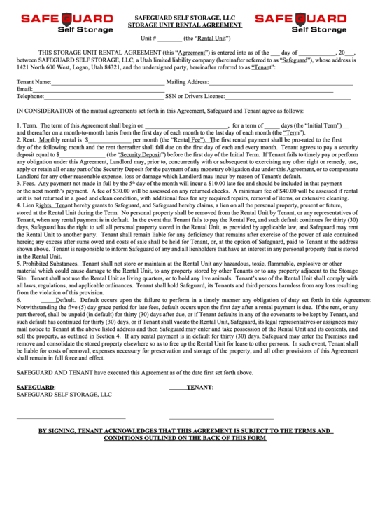 Storage Unit Rental Agreement - Self Storage Logan Utah Printable pdf