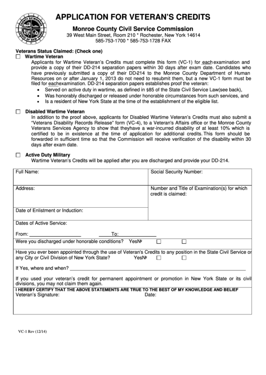 Application For Veterans Credit Monroe County