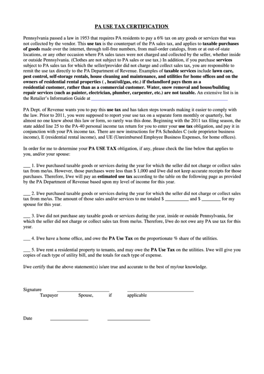 Pa Use Tax Certification printable pdf download