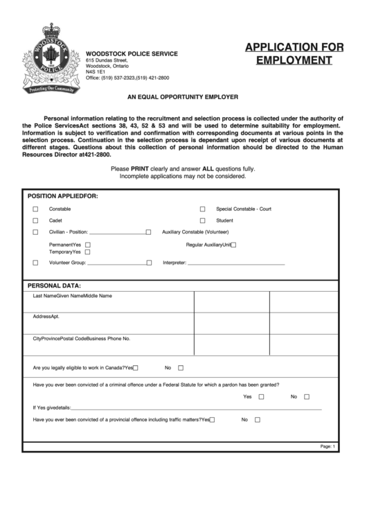 Application Form - The Woodstock Police Service Printable pdf