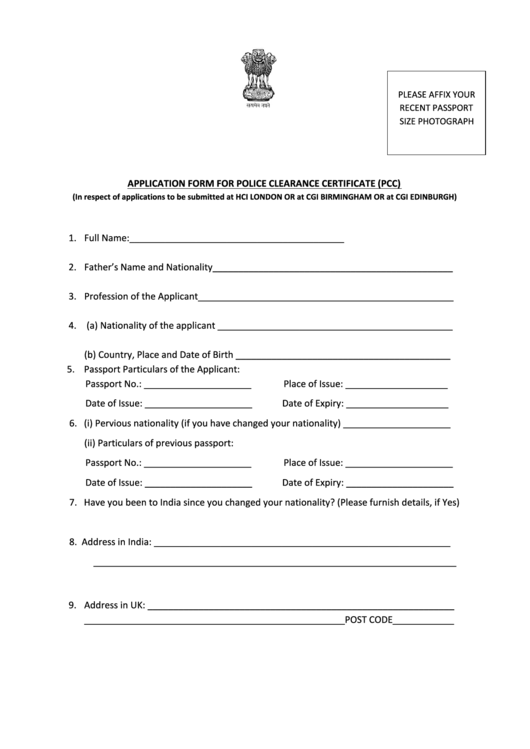 Application Form For Police Clearance Certificate Printable pdf