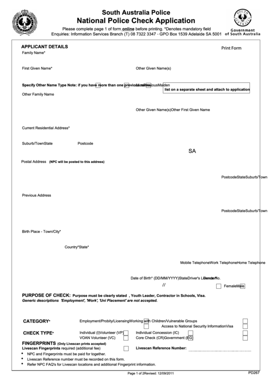 Fillable Pd267 - National Police Check Application Form - South Australia Police Printable pdf