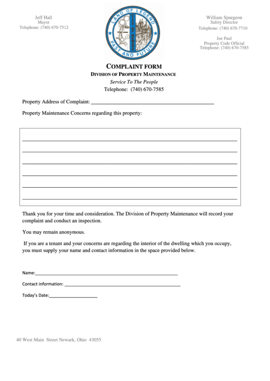 Complaint Form - City Of Newark Ohio Printable pdf