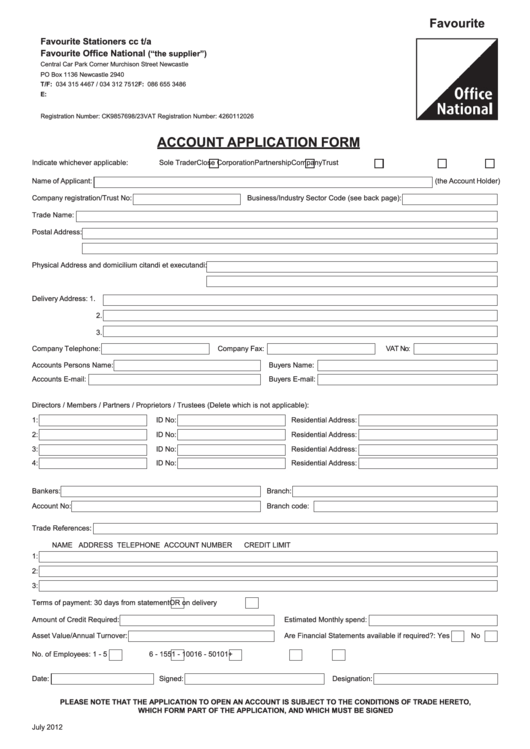 Account Application Form Printable pdf