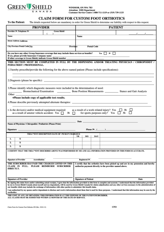 Fillable Claim Form For Custom Foot Orthotics Printable pdf