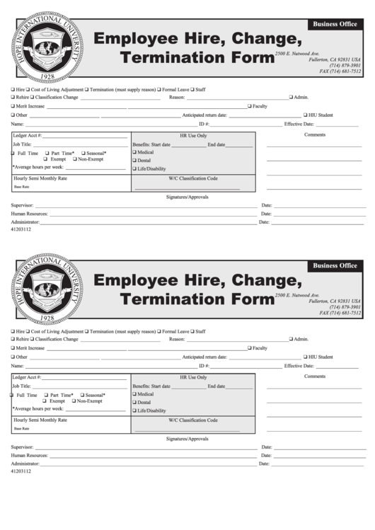 Employee Hire Change Termination Form Printable pdf