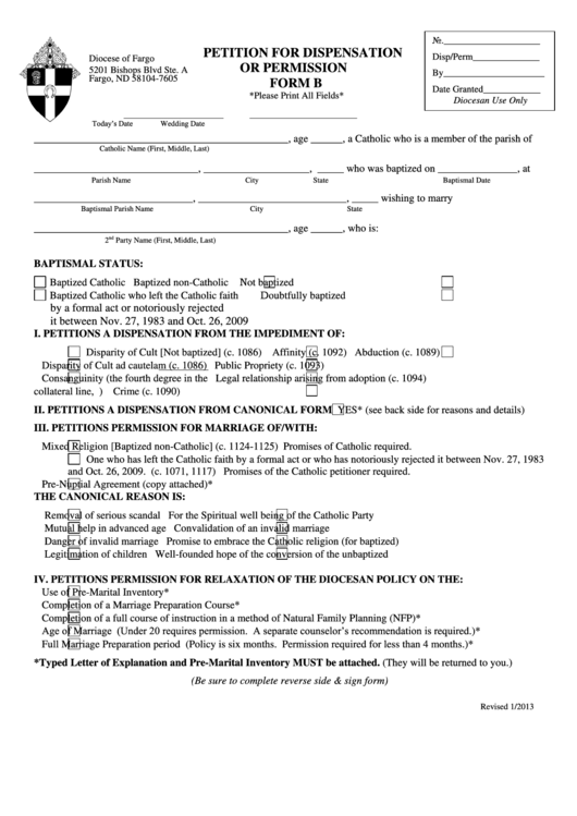 Petition For Dispensation Or Permission Form B Catholic Diocese Of Fargo Printable pdf