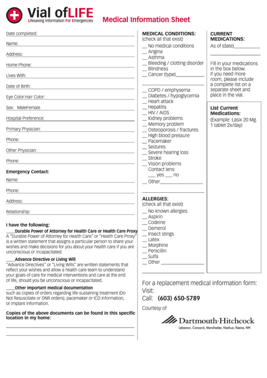 Fillable Vial Of Life Medical Information Sheet - Dartmouth Hitchcock Printable pdf