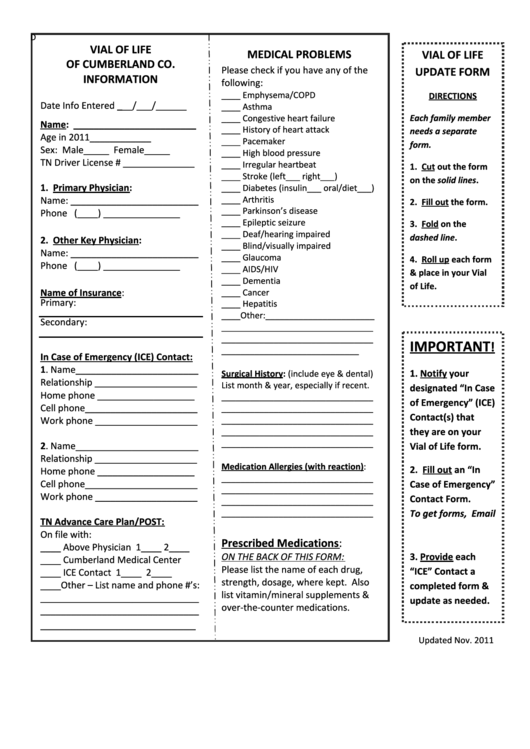 Vial Of Life Medical Information Form Printable pdf
