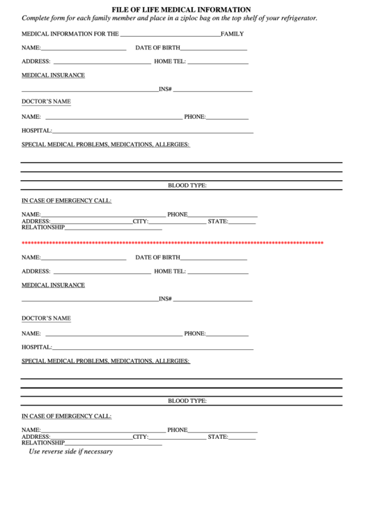 File Of Life Medical Form Printable pdf