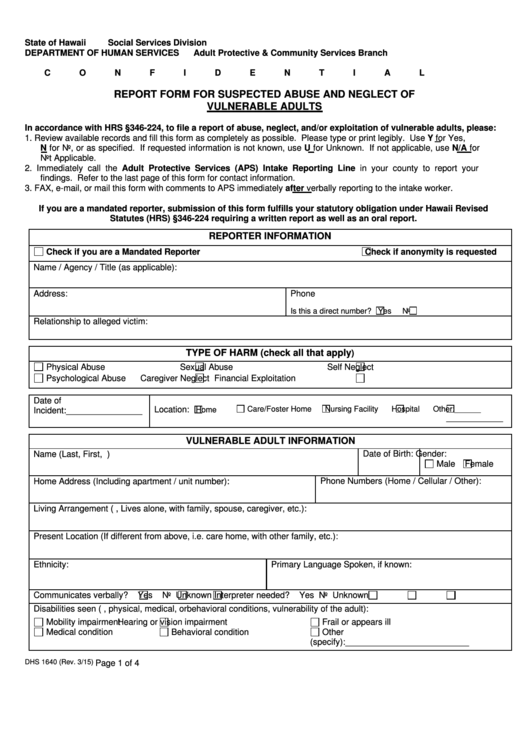Fillable Report Form For Suspected Abuse And Neglect Of Printable pdf