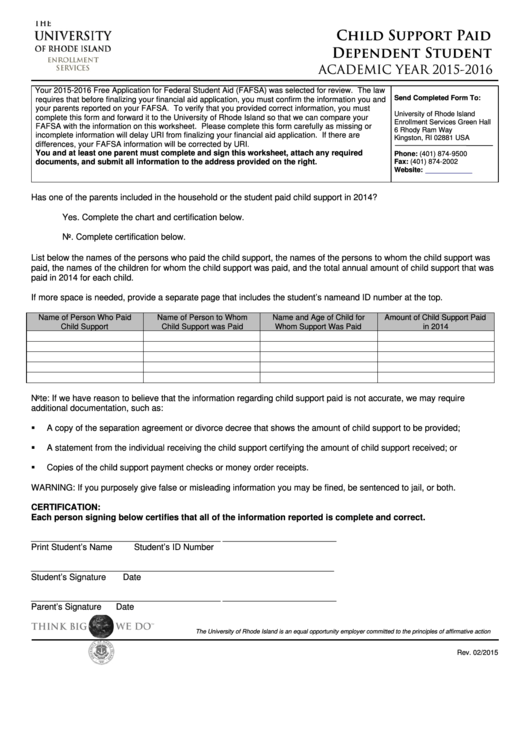 Fillable Child Support Worksheet Dependent Student Printable pdf
