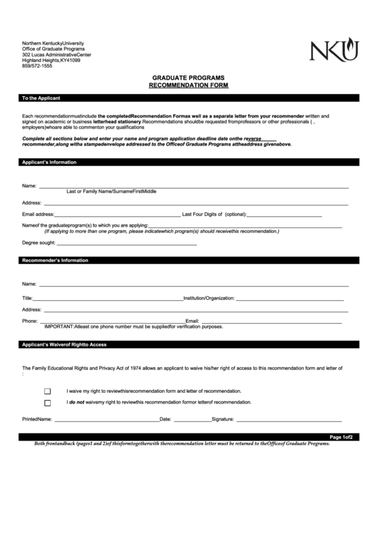 Graduate Programs Recommendation Form Printable pdf
