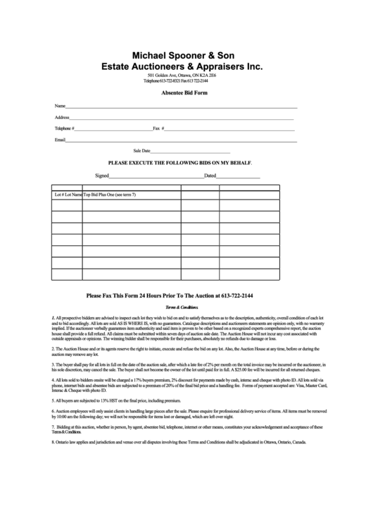 Absentee Bid Form Printable pdf