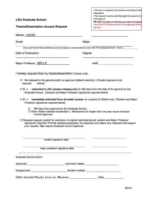 Fillable Lsu Graduate School Thesis Dissertation Access Request Printable pdf