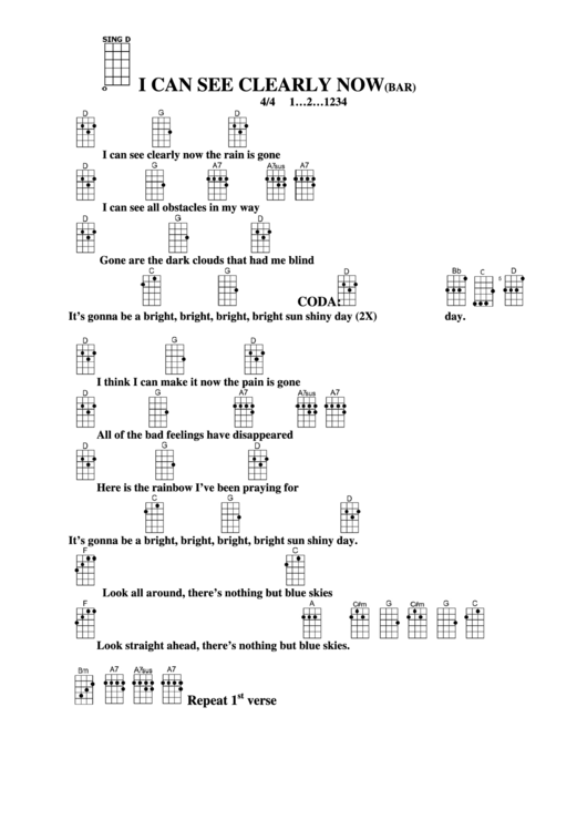 I Can See Clearly Now(Bar) W.m. Johnny Nash Chord Chart Printable pdf