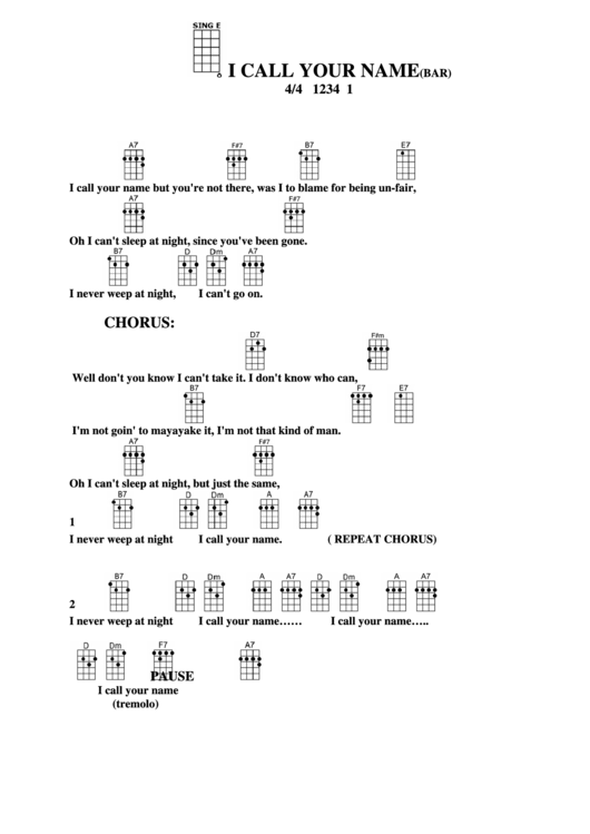 I Call Your Name(Bar) Chord Chart Printable pdf