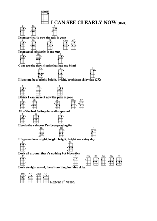 I Can See Clearly Now (Bar) Chord Chart Printable pdf