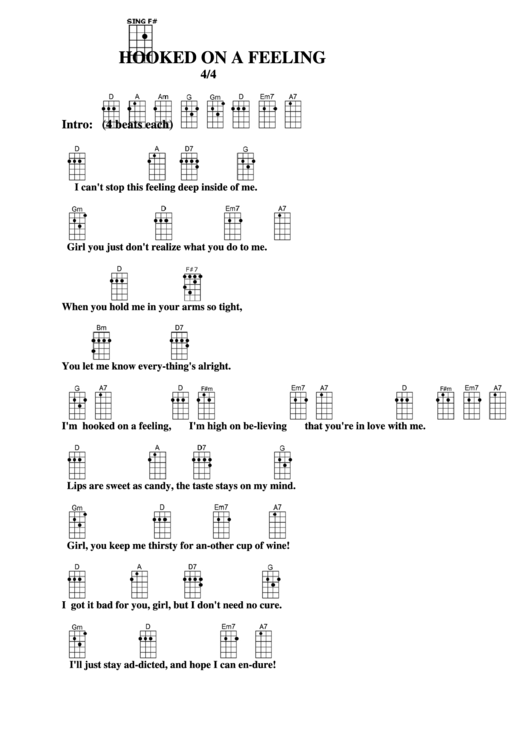 Hooked On A Feeling Chord Chart Printable pdf