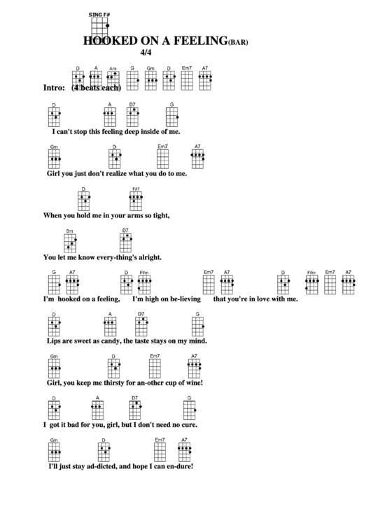 Hooked On A Feeling (Bar) Chord Chart Printable pdf