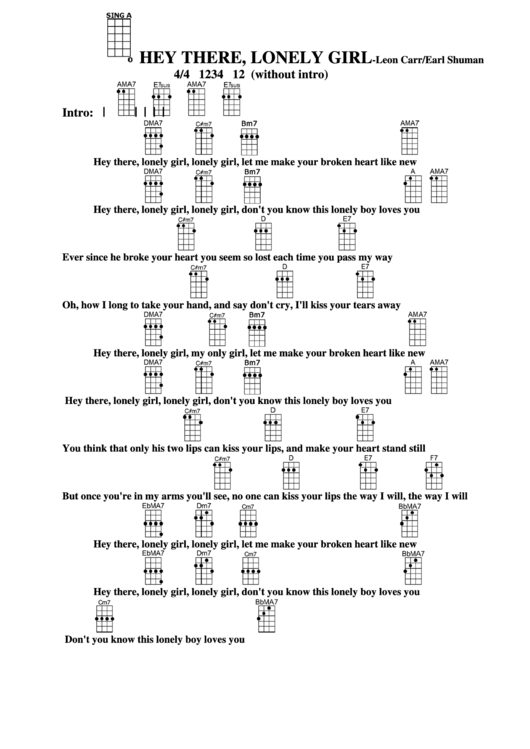 Hey There, Lonely Girl - Leon Carr/earl Shuman Chord Chart Printable pdf