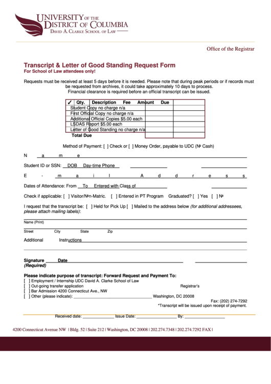 Fillable Transcript Letter Of Good Standing Request Form Printable pdf