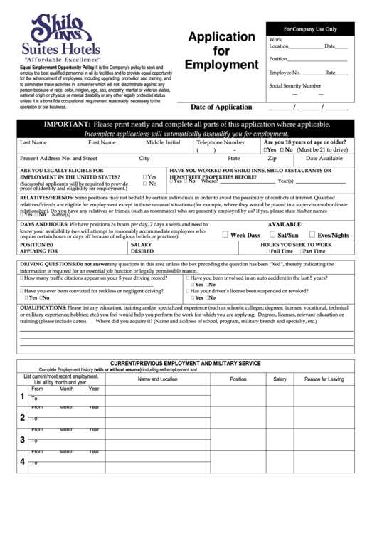 Application For Employment - Shilo Inns Printable pdf